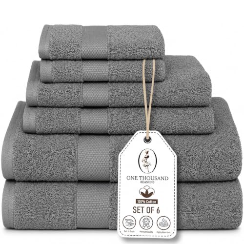 Premium Staple Cotton Bathroom Towel Set - Gray 600 GSM 6-Piece Luxury Bath Towel Set 1 Stripe - 2 Bath Towels, 2 Hand Towels & 2 Washclothes Set - High Absorbent & Quick Dry for Gym, Spa, Hotel - color: Gray - 1 Stripe