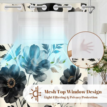Black Floral Shower Curtain with Snap in Liner & Tassels, 71W x 77L | No Hook Needed, Double Layer Waterproof Fabric with Mesh Top, Dark Botanical Flower Design for Modern & Farmhouse Bathroom - color: Black Floral