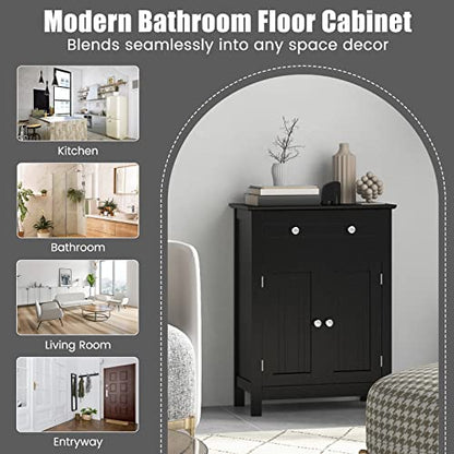 COSTWAY Bathroom Floor Cabinet, Wooden Side Storage Organizer w/Larger Drawer, Adjustable Shelf & 2-Door Cupboard, Freestanding Storage Cabinet for Living Room, Kitchen, Entryway (Black) | Larger Drawer, Adjustable Shelf & 2-Door Cupboard, Freestanding St