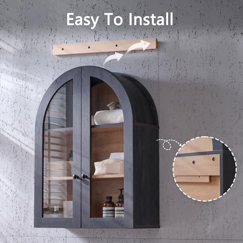 Bathroom Arched Wall Cabinet, 23.5'' Wide Medicine Cabinet, Wall Mount with Glass Doors & Adjustable Shelves, Over the Toilet Storage Cabinet for Laundry Room, Bedroom, Kitchen, Grey Black - color: Grey Black