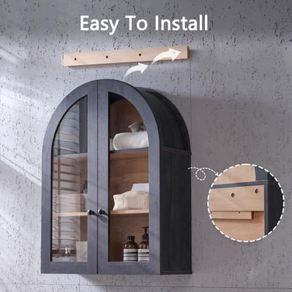Bathroom Arched Wall Cabinet, 23.5'' Wide Medicine Cabinet, Wall Mount with Glass Doors & Adjustable Shelves, Over the Toilet Storage Cabinet for Laundry Room, Bedroom, Kitchen, Grey Black - color: Grey Black