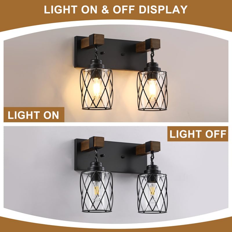 Bathroom Light Fixtures,Farmhouse Black Metal with Glass Shade | 2 Light Rustic Vanity Lights, Wood Accent Wire Cage Design, Mounts Over Mirror, Ideal for Bedroom & Hallway,Easy to Install - size: 2-Light
