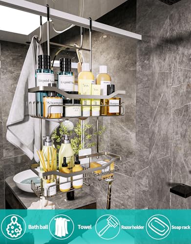 HapiRm Hanging Shower Caddy Over the Door with Soap Holder, No Drilling Adhesive Shower Organizer with 11 Hooks, Rustproof & Waterproof 304 Stainless Steel Bathroom Shelves - Brushed Nickel - color: Brushed Nickel-2