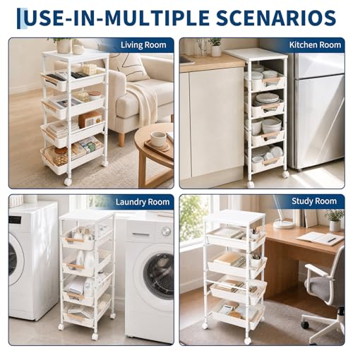 Garvee 5-Tier Slim Rolling Storage Cart, 9.5" Wooden Top Narrow Kitchen Carts on Wheels with Pull-Out Baskets, Mobile Shelving Unit Organizer for Kitchen, Bathroom, Laundry Room, Small Spaces