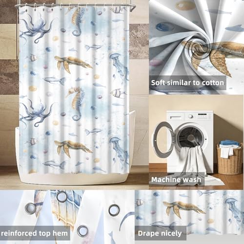 Yeele Ocean Creatures Watercolor Shower Curtain, Turtle Octopus Blue Print Shower Curtain, Waterproof Machine Washable Fabric Bath Curtain 36x72 Inch with Grommets and Hooks - color: Blue 1, size: 36"W x 72"L (Pack of 1)