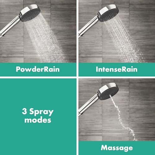 hansgrohe Pulsify S 1-Spray Handshower with Slide Bar and Hose, PowderRain, IntenseRain, Pulsating Massage, in Matte Black, 24161671 - color: Matte Black, size: 2.5 GPM, style: Wallbar with 4-inch Handheld Showerhead and Hose