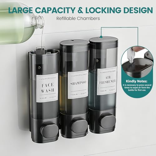 Shower Soap Dispenser 3 Chamber No Drill Wall-Mounted Shampoo Dispenser | Shampoo and Conditioner Dispenser,Wall Mounted Shower Dispenser for Bathroom Hotel Large Capacity,Gun Gray - color: 3gray