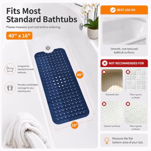Yimobra Non Slip Bathtub Mat 40 x 16 Inch, Extra Long Shower Mat with Drain Holes, Machine Washable Baby Bath Mats, Strong Suction Cups for Bathroom Floor, Navy Blue - color: Navy Blue