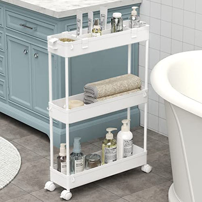 Slim Storage Cart 3 Tier,Bathroom Organizer Rolling Utility, Mobile Shelving Unit Slide Out for Office, Kitchen, Laundry Room & Narrow Places,White - color: White