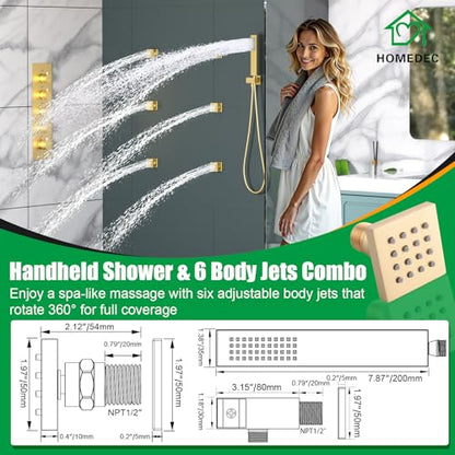 HOMEDEC 14x20inch Ceiling and 6inch Wall Mounted Shower Heads System, 4 Way Thermostatic Diverter Valve Shower Faucets Sets Complete, Brushed Gold - color: Brushed Gold, style: 4-Way + 1x 6" Top