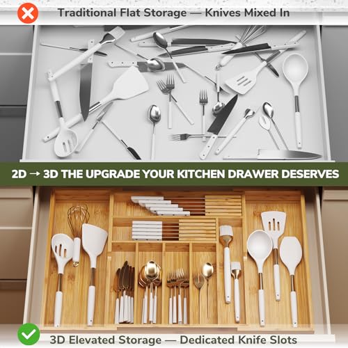 BAMEOS Bamboo Drawer Organizer Expandable Kitchen Silverware Organizer with 7-9 Deep Compartments, Bamboo Reinforced Cutlery Tray, Adjustable Utensil Holder for Kitchen(16.1"-22.4" Wide, Natural) - size: 2''H 22X16 with Knife Block