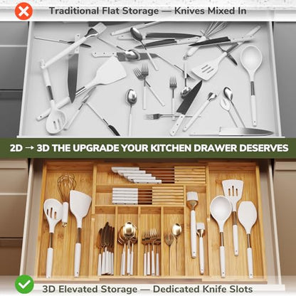 BAMEOS Bamboo Drawer Organizer Expandable Kitchen Silverware Organizer with 7-9 Deep Compartments, Bamboo Reinforced Cutlery Tray, Adjustable Utensil Holder for Kitchen(16.1"-22.4" Wide, Natural) - size: 2''H 22X16 with Knife Block