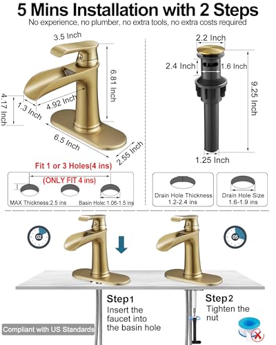 Waterfall Faucet, Brass Gold Bathroom Faucet 1 Hole, 1 Handle Bathroom Faucets for Sink 3 Hole (4 Inch) with Pop-up Drain, Hoses & Deck Plate - color: Brushed Gold-Noble