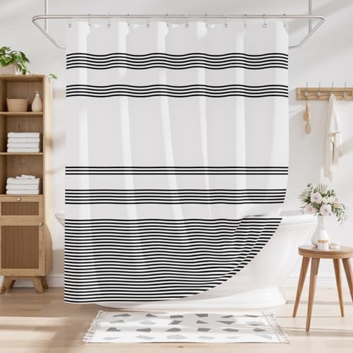 AmazerBath Long Shower Curtain, 72x78 Striped Black Fabric Shower Curtain Set with 12 Shower Curtain Hooks, Rustic Cloth Black and White Shower Curtain, Farmhouse Bathroom Shower Curtain Sets - color: A- Black Stripe +12 Metal Hooks, size: 72"W x 78"L (Pa