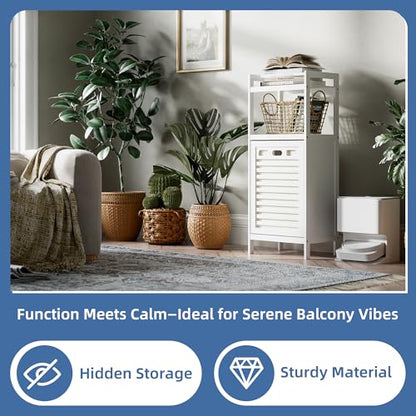 HITNET Bamboo Tilt Out Hamper, 10 Gal Bathroom Laundry Cabinet with Hidden Foldable Basket, Freestanding Clothes Storage Organizer with Storage Shelf, White - color: White