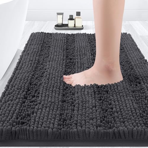 Striped Grey Bathroom Rug Mat 36"x24" Ultra Soft, Non Slip Chenille Bath Rugs, Absorbent Plush Shaggy Bath Mats for Bathroom, Bedroom, Kitchen, Shower, Tub,Dark Gray, Charcoal - color: Dark Gray, size: 1'11" x 2'11" (Rectangular)