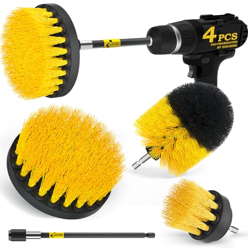 Holikme Drill Brush Set, 4 Piece Power Scrubber for Grout and Tile | 4-piece set, 3 brush sizes, extension rod, nylon bristles, yellow, fits compatible cordless drills