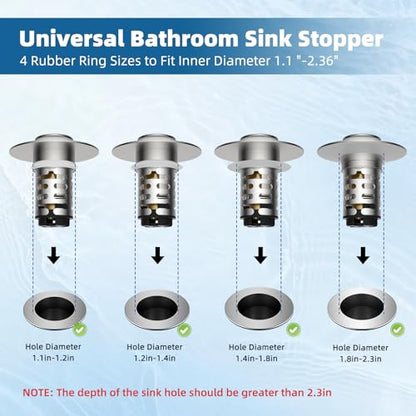 Universal Upgraded Bathroom Sink Drain Stopper Hair Catcher, Brushed Nickel | 4-IN-1 Pop-Up Sink Strainer with 2-Layer Removable Stainless Steel Basket, Anti-Clog Drain Plug for 1.1"-2.36" Basin - color: Brushed Nickel