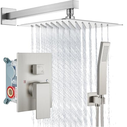 Aolemi Shower Faucet Set with Handheld Brushed Nickel 12 Inch Head | Pressure Balance Shower Valve and Trim Kit,SUS304 Rain Head and Handle System,All Metal,Wall Mount,Bathroom,Handheld Spray - color: Nickel, size: 12 Inch Wall Mount Shower Head