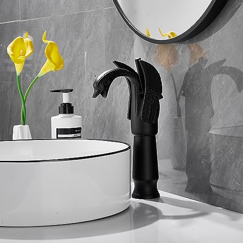 Matte Black Swan Shape Single Handle 1Hole Bathroom Vessel Sink Faucet Deck Mount Lavatory Sink Faucet - color: Matte Black, size: Tall