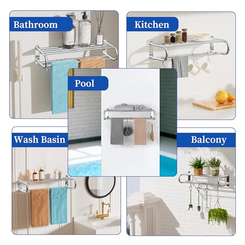 Alise Adjustable 16-28 Inches Double Towel Rack for Bathroom,Chrome | Wall Mount Double Towel Racks,SUS304 Stainless Steel Towel Holder,Retractable Towel Shelf with 2 Towel Bars 4 Movable Hooks