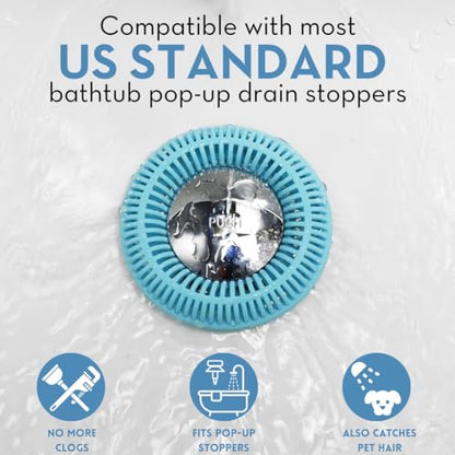 TubRing Pop-Up Drain Protector & Strainer Silicone Hair Catcher, Aqua | Easy snap-in design fits around bathtub stoppers. Customizable utility guard for clog prevention. Fits 1.85"- 2.16" drains. - color: Aqua