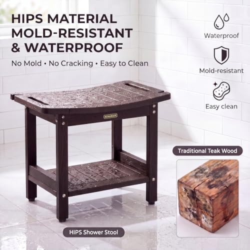 HDPS Shower Bench Waterproof Shower Chair Stool with Storage Shelf, Coffee | Heavy Duty Bathroom Bench Seat with Adjustable Feet, Anti-Rotting, No-Slip, Space-Save, No-Maintenance - color: Coffee