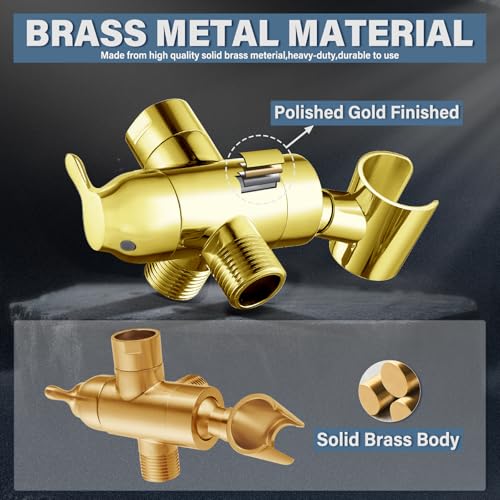 Shower Diverter Valve with Handshower Mount, G1/2 Brass Shower Arm Diverter 3 Way Bathroom Universal Shower System Replacement for Handheld Shower and Fixed Shower Head, Polisded Gold - color: Polished Gold
