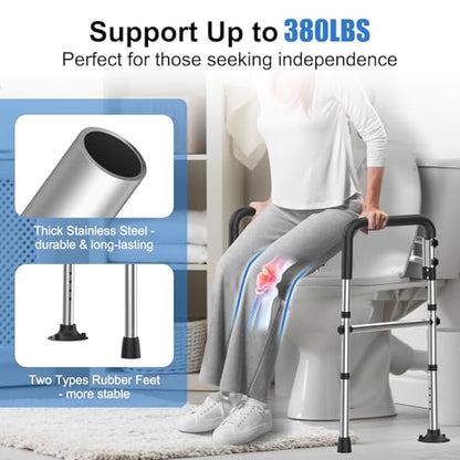 Upgraded Toilet Safety Rails 380LBS, Stainless Steel Toilet Rail Frame, Adjustable Stand Alone Toilet Support with Non-Slip Grips & Suction Cups,Tool-Free Assembly, Fits for Elderly/Disabled