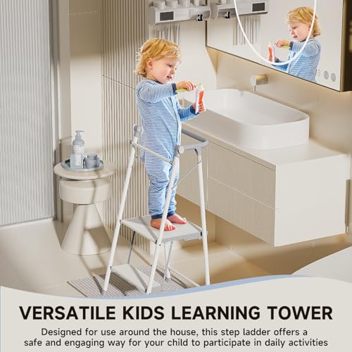 Foldable Toddler Tower, 2-in-1 Alloy Steel Kids Kitchen Step Stool & Adult 2-Step Ladder, Folding Kitchen Tower with Removable Safety Rail, Anti-Slip Steps for Kitchen & Bathroom - color: Cool Gray & Ivory