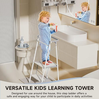 Foldable Toddler Tower, 2-in-1 Alloy Steel Kids Kitchen Step Stool & Adult 2-Step Ladder, Folding Kitchen Tower with Removable Safety Rail, Anti-Slip Steps for Kitchen & Bathroom - color: Cool Gray & Ivory