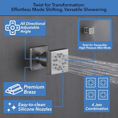 VANFOXLE Shower System, Brushed Nickel Shower Faucet Set, Four Modes | 10 Inch Ceiling Mount Head Increased Thick, 6 Inch Second Head, 2-in-1 Handheld Combo, 4 PCS Dual Mode Body Jets, Brass Valve - color: Brushed Nickel