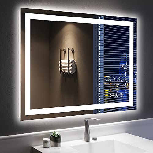 40x32 Inch LED Bathroom Mirror with Lights Front and Backlit Lighted Vanity Mirror for Bathroom Wall with 3 Colors Dimmable Anti-Fog Memory Shatter-Proof IP54 Waterproof Horizontal/Vertical - color: Backlit+front Lit, size: 40"L x 32"W