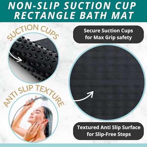 ENKOSI Non Slip Bath Mat for Tub and Shower Floors – Anti Slip Shower Mat with Secure Suction Cup Grip – Soft Black Bathtub Mat for Inside Tubs and Bathroom Shower Stalls (28x16 Black) - color: Black