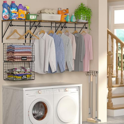 Laundry Room Shelves Wall Mounted with Wire Baskets, Over the Washer and Dryer Shelf with Clothes Drying Rack, Wire Shelves Baskets for Laundry Closet Organization and Storage, Wood+Metal, Black - color: Black