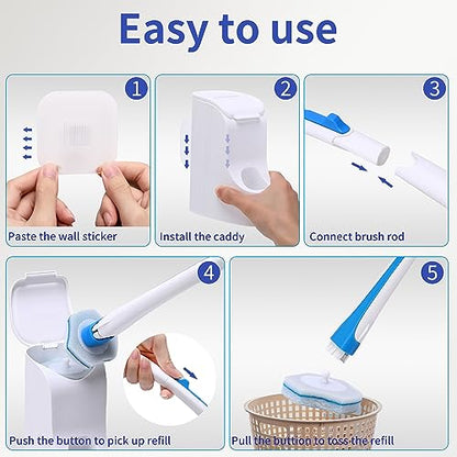 Disposable Toilet Brush with 40PCS Refills, Wall Mounted Compact Bathroom Bowl Wand Cleaning System Long Handle with Storage Caddy