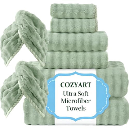 COZYART Lint Free 8 Pcs Bathroom Towel Set Ultra Soft Microfiber Sage Green | Ultra Soft, Fluffy, Thick, Highly Absorbent, Quick Dry, No Shedding, No Pilling, Fade Resistant, Durable, Long-lasting - color: Sage Green
