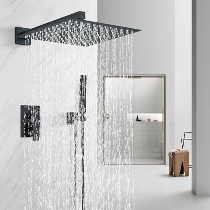 Shower Faucet Matte Black Shower System with 12 Inches Rain Shower Head and Handheld Spray Bathroom Luxury Rain Shower Faucet Set Complete Wall Mounted - color: Matte Black, size: Matte Black-12