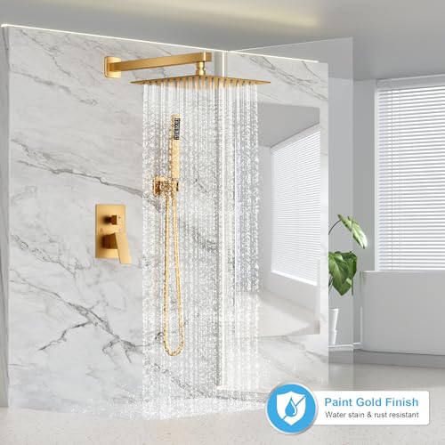 FPXRNG Shower Faucet Set Rainfall Shower System with Square Shower Head and Handle Set Rough-in Valve and Metal Trim Kit Included Paint Gold 10 Inch Wall Mounted Shower Fixtures - color: Paint Gold, size: 10 Inch Wall Mount Shower Head