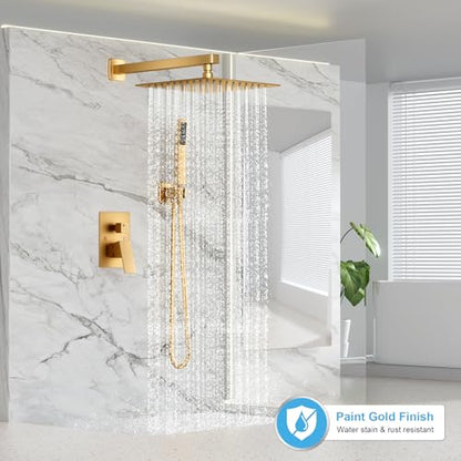 FPXRNG Shower Faucet Set Rainfall Shower System with Square Shower Head and Handle Set Rough-in Valve and Metal Trim Kit Included Paint Gold 12 Inch Wall Mounted Shower Fixtures - color: Paint Gold, size: 12 Inch Wall Mount Shower Head