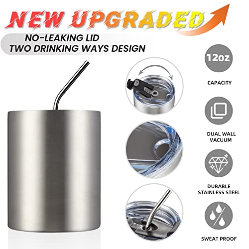 MEWAY 12 oz Lowball, Tumbler Stainless Steel Double Wall Vacuum Insulated Mug with Straw and Lid, Cleaning Brush ，Durable Powder Coated Insulated Coffee Cup for Cold & Hot Drinks (Silver,4 pack) - color: Silver