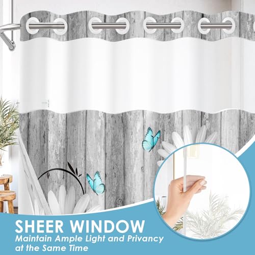 No Hook Shower Curtain with Snap in Liner 71x74 Inch Daisy Flower | Wooden Boards Gray Modern Double Layers Waterproof Fabric with See Through Top Window Open Grommet Bath Curtain - color: Daisy, size: 71"W x 74"L (Pack of 1)