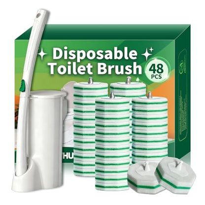Disposable Toilet Brush, Toilet Bowl Cleaning System with 48 Count Wand Refills, Clean Brush Starter Kit with 1 Wand, 1 Storage Caddy and 1 wall Sticker (White) - style: Green-Toilet brush+48 refills