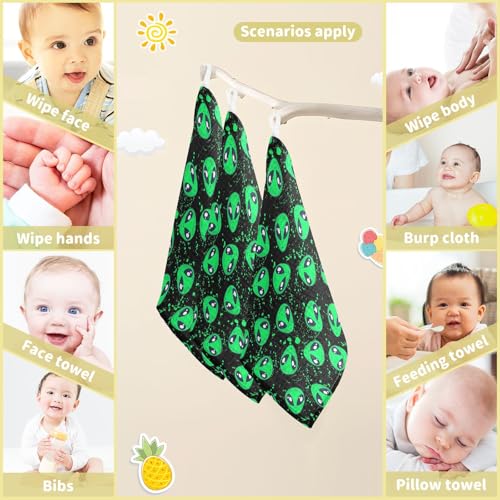 Baby Green Alien Muslin Washcloths 3 Pack - Muslin Burp Cloths Hanky Large 11.8"X11.8" Extra Soft Absorbent Baby Burp Rags for Newborn 100% Cotton for Boys Girls Gift - size: one sizex3
