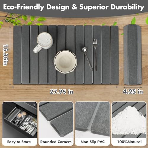 Extra Large Stone Dish Drying Mat for Kitchen Counter, 28"×16" Eco-friendly,Instant Drying Pad,Diatomaceous Earth Water Absorbing Mat, Foldable and Super Absorbent Dish Drying Stone Mat, Dark Gray - color: Dark Gray