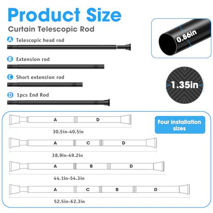 MEXAU 2 Pack Spring Tension Curtain Rods 31-62 In Black Shower Curtain Rod | Adjustable Spring Tension Rods No Drilling for Window Closet Kitchen Wardrobe Bathroom, Non Slip Tension Rods ,7/8" Diameter - color: Black-2P, size: 31-62 inch