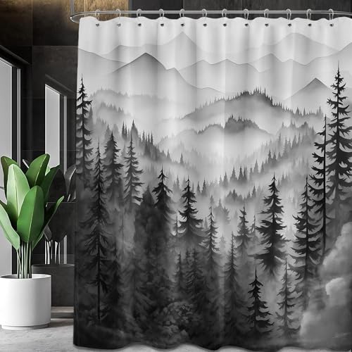 Mountain Shower Curtain Black and White Forest Nature Shower Curtains for Mens Bathroom Charcoal Grey Rustic Woodland Pine Tree Cool Bath Decor Sets, Waterproof Fabric with Hooks, 70x96in - color: Black and White, size: 70"W x 96"L (Pack of 1)