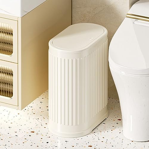 1.6 Gallon Trash Can with Lid, Small Bathroom Trash Can Wastebasket, Slim Garbage Can with Inner Bucket, Press Top Lid Garbage Container Bin for Kitchen, Home, Office, Bedroom, Living Room - color: Cream White