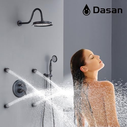 DASAN Antique Shower Faucet Set Complete Rain Shower System in Wall with Body Shower Spray Jets, Oil Rubbed Bronze Shower Fixtures with Rainfall Overhead Shower, Handheld, Valve & Trim Kit, AT249W-ORB - color: Oil Rubbed Bronze