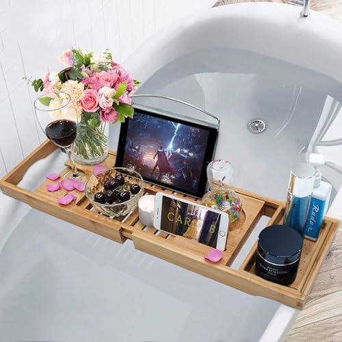 70-105CM Extendable Bamboo Bathtub Tray Caddy with Cup Holder for Spa | Non-Slip Pads, Book Stand, Wine Glass Holder, Fits Most Bath Tubs